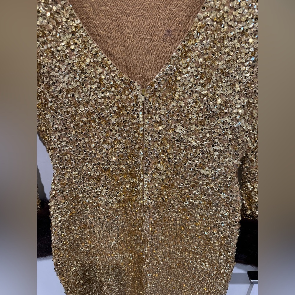 1960s Gene Shelly's Gold Sequin Keyhole Long Bell Sleeve Vintage Wool 60s Gown - Picture 17 of 17
